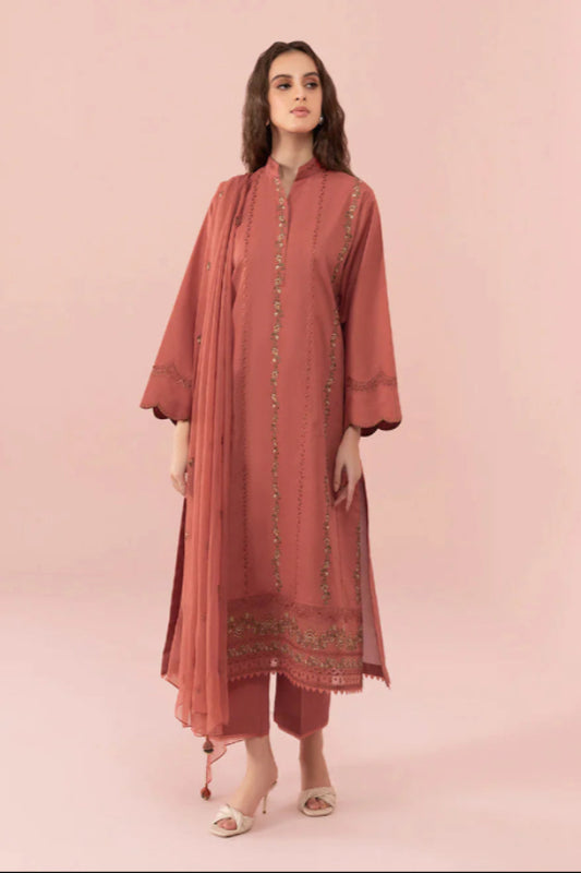 Embroidered Dhanak 3-Piece Set with Delicate Chiffon Dupatta Ready to Wear With Machine Embroidery