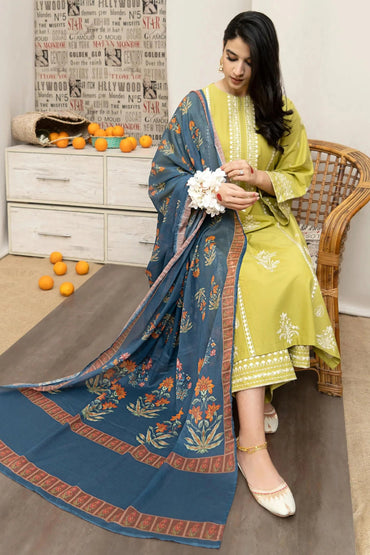 3PC Embroidered Dhanak Suit with Manaar Printed Dupatta & Embroidered Trousers Ready to Wear With Machine Embroidery