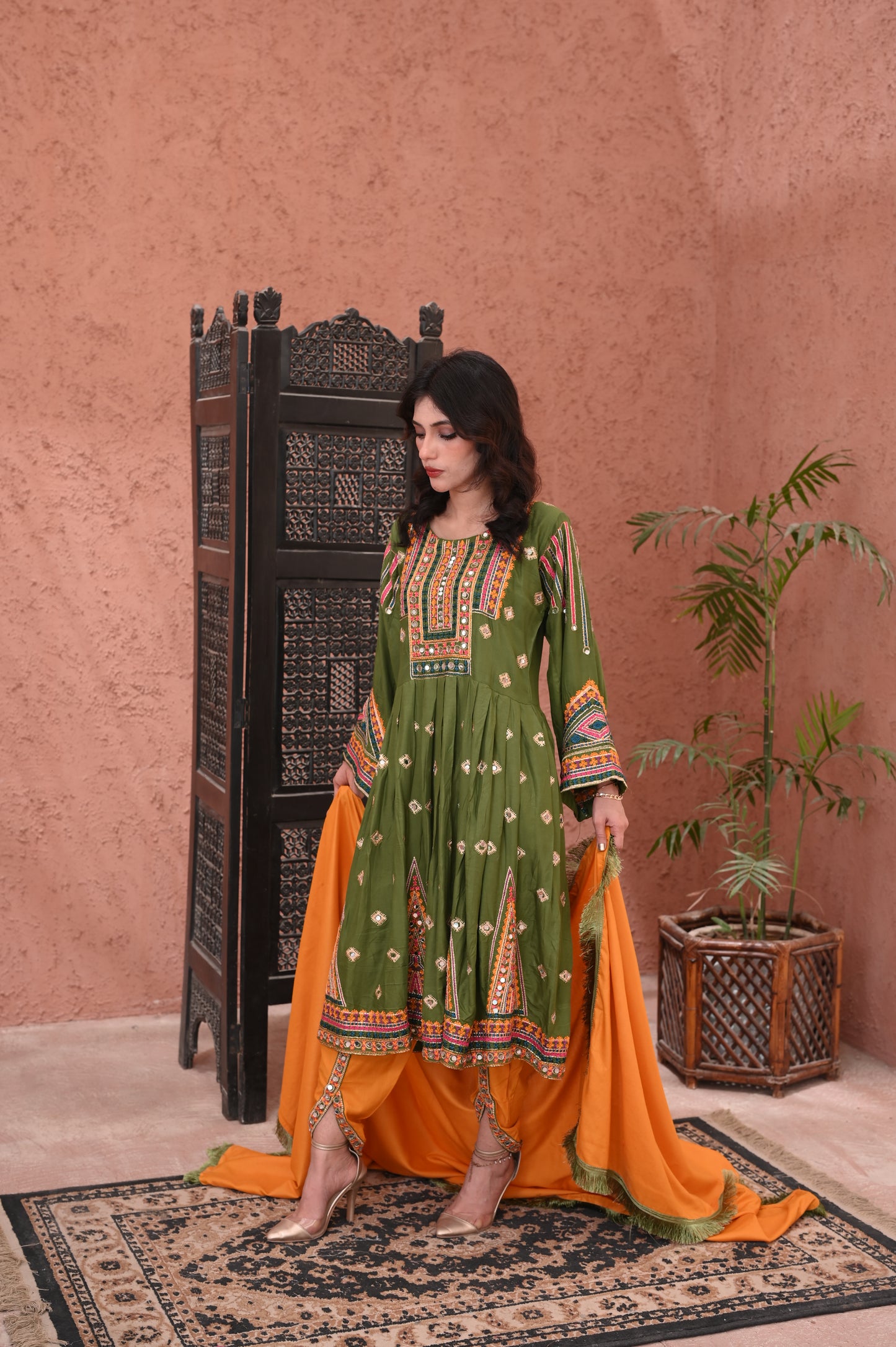 "3-Peace β Embroidered Dhanak Anarkali with Mirror Work Ready to Wear With Machine Embroidery