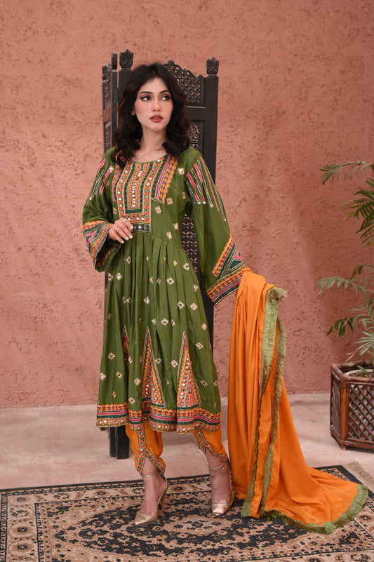 "3-Peace – Embroidered Dhanak Anarkali with Mirror Work Ready to Wear With Machine Embroidery