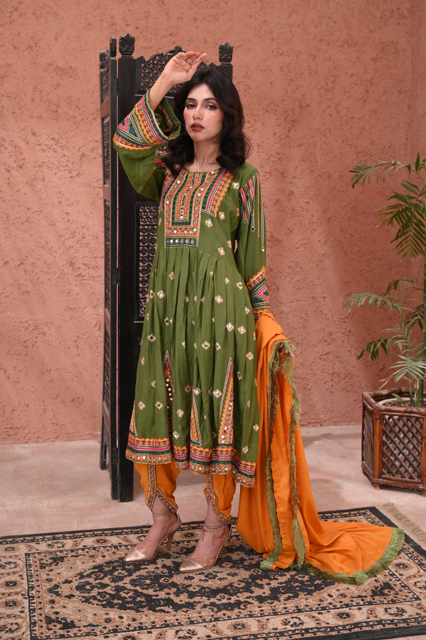 "3-Peace β Embroidered Dhanak Anarkali with Mirror Work Ready to Wear With Machine Embroidery