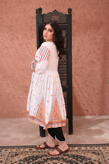 3-Piece Anarkali Set in White – Mirror & Dhanak Embroidered Work Ready to Wear With Machine Embroidery