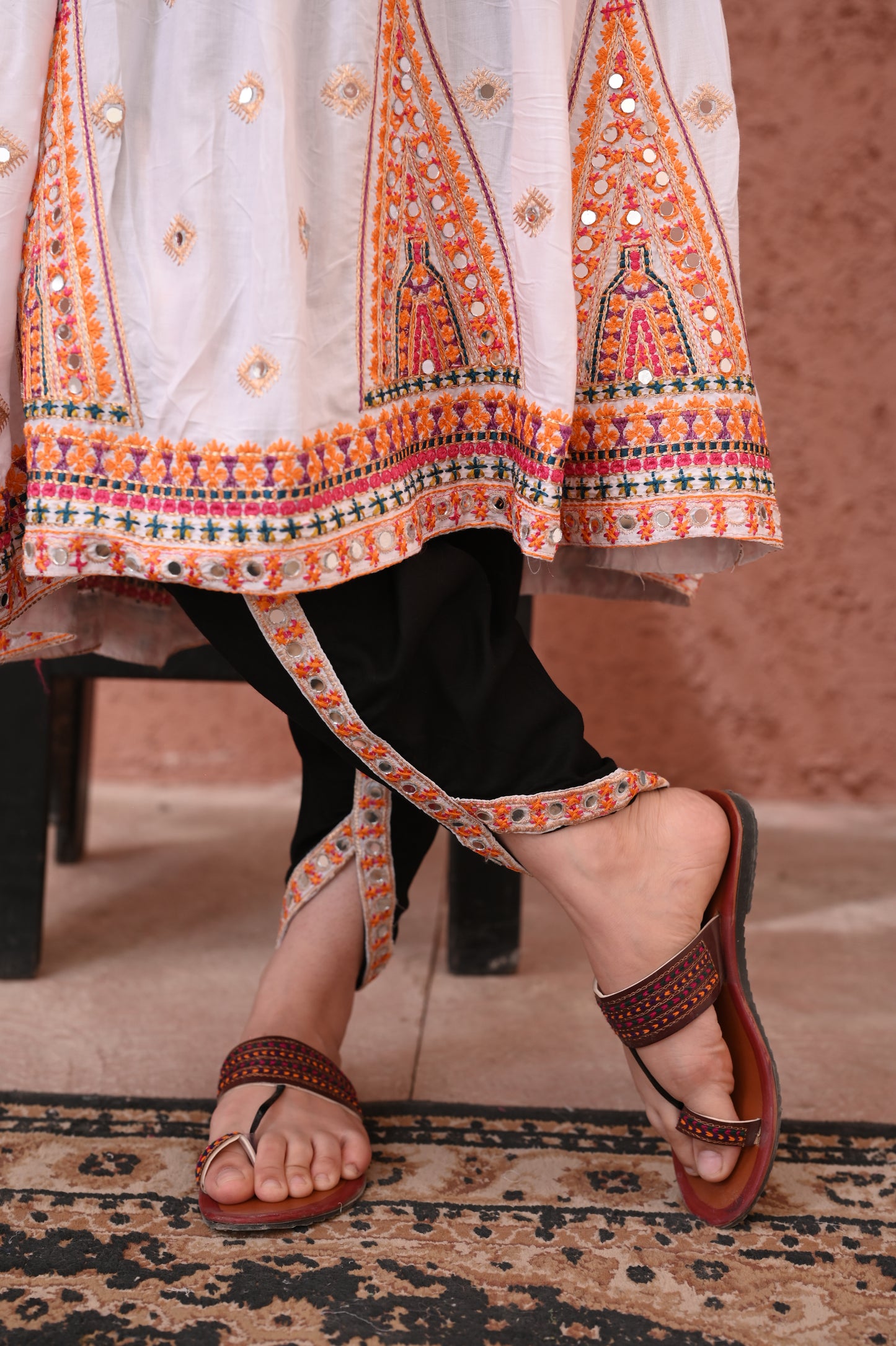 3-Piece Anarkali Set in White β Mirror & Dhanak Embroidered Work Ready to Wear With Machine Embroidery