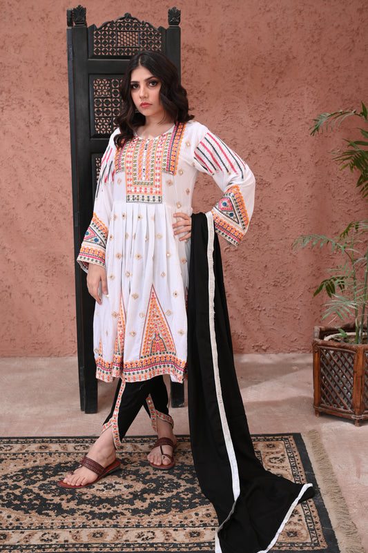 3-Piece Anarkali Set in White – Mirror & Dhanak Embroidered Work Ready to Wear With Machine Embroidery