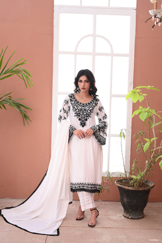 3-PC Stitched White Suit With Black Embroidered Dhanak Suit Ready to Wear With Machine Embroidery