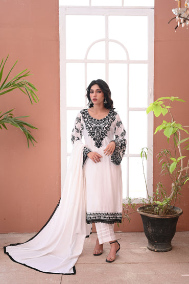 3-PC Stitched White Suit With Black Embroidered Dhanak Suit Ready to Wear With Machine Embroidery