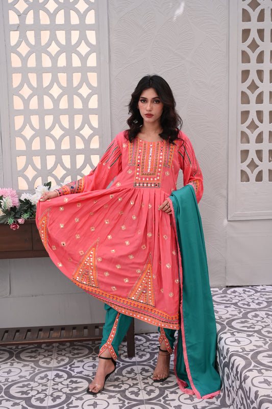 3-Piece Anarkali Set in Pink – Ready to Wear With Machine Embroidery