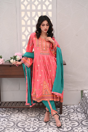 3-Piece Anarkali Set in Pink – Ready to Wear With Machine Embroidery