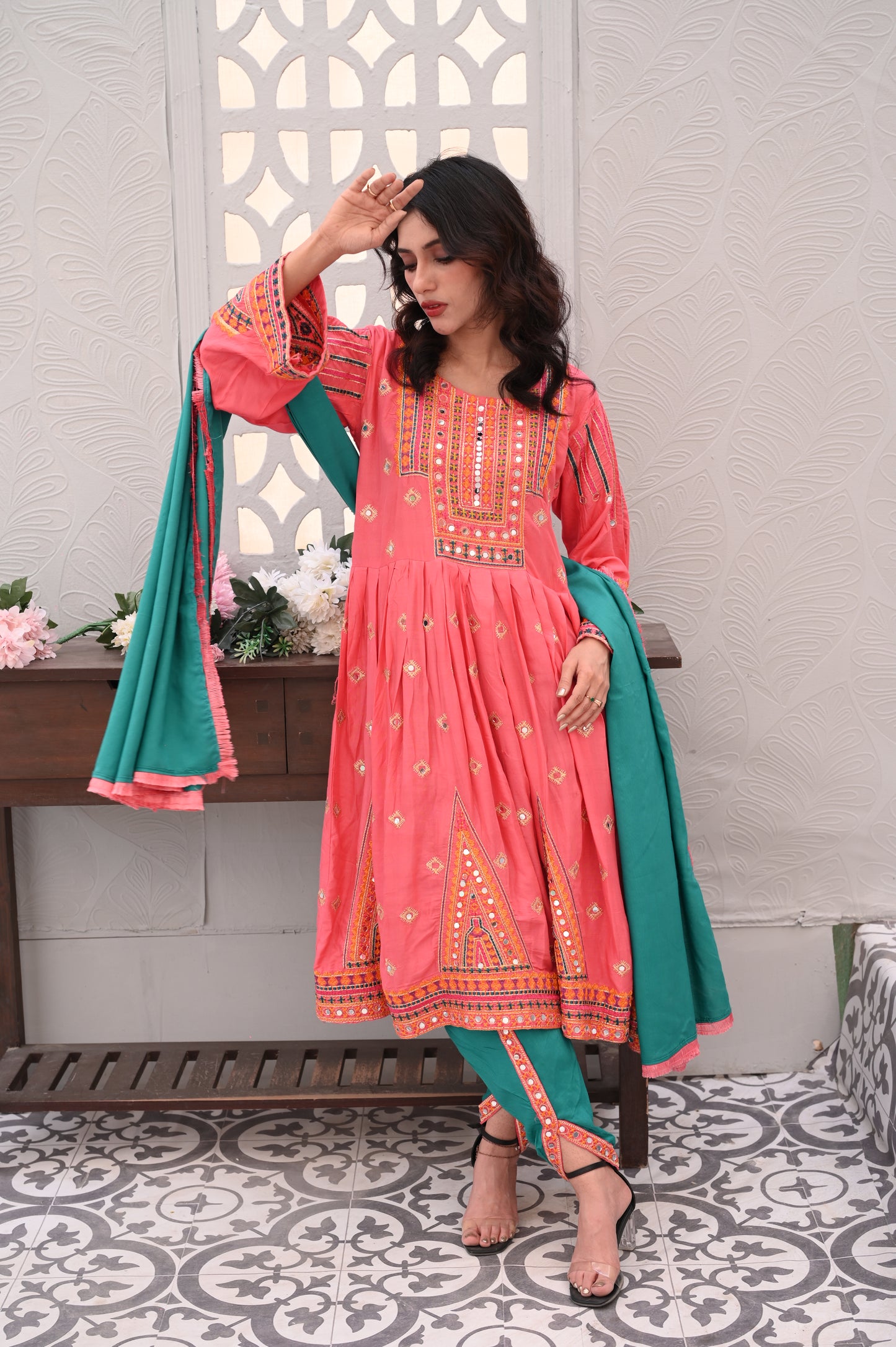 3-Piece Anarkali Set in Pink โ Ready to Wear With Machine Embroidery