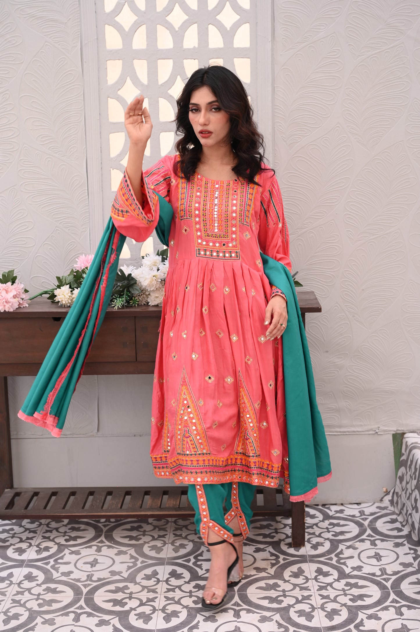 3-Piece Anarkali Set in Pink โ Ready to Wear With Machine Embroidery
