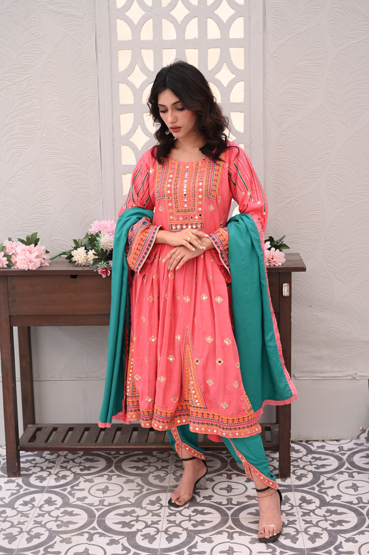 3-Piece Anarkali Set in Pink โ Ready to Wear With Machine Embroidery