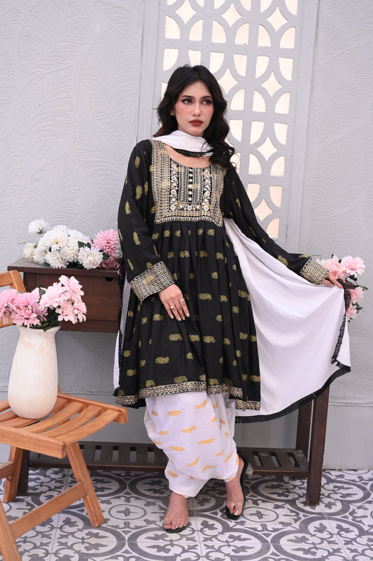 3-PC Embroidered Black & White Printed Dhanak Dress Ready to Wear With Machine Embroidery