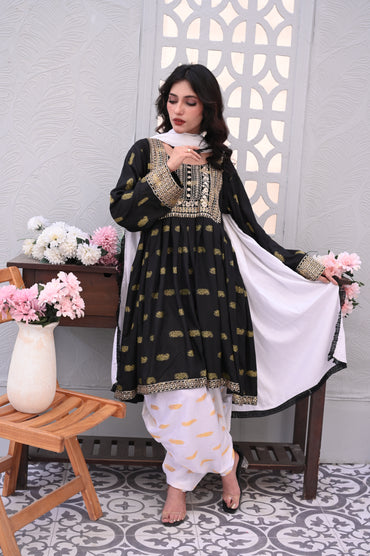 3-PC Embroidered Black & White Printed Dhanak Dress Ready to Wear With Machine Embroidery