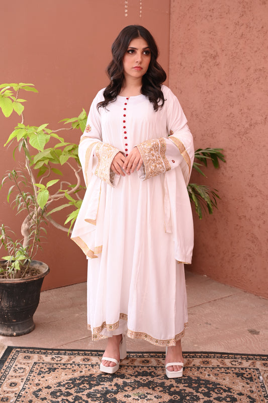 3PC White Flared Dhanak Suit with Embroidered Sleeves & Chiffon Dupatta Ready to Wear With Machine Embroidery