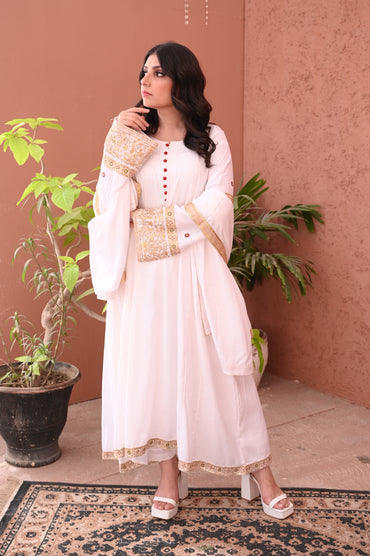 3PC White Flared Dhanak Suit with Embroidered Sleeves & Chiffon Dupatta Ready to Wear With Machine Embroidery