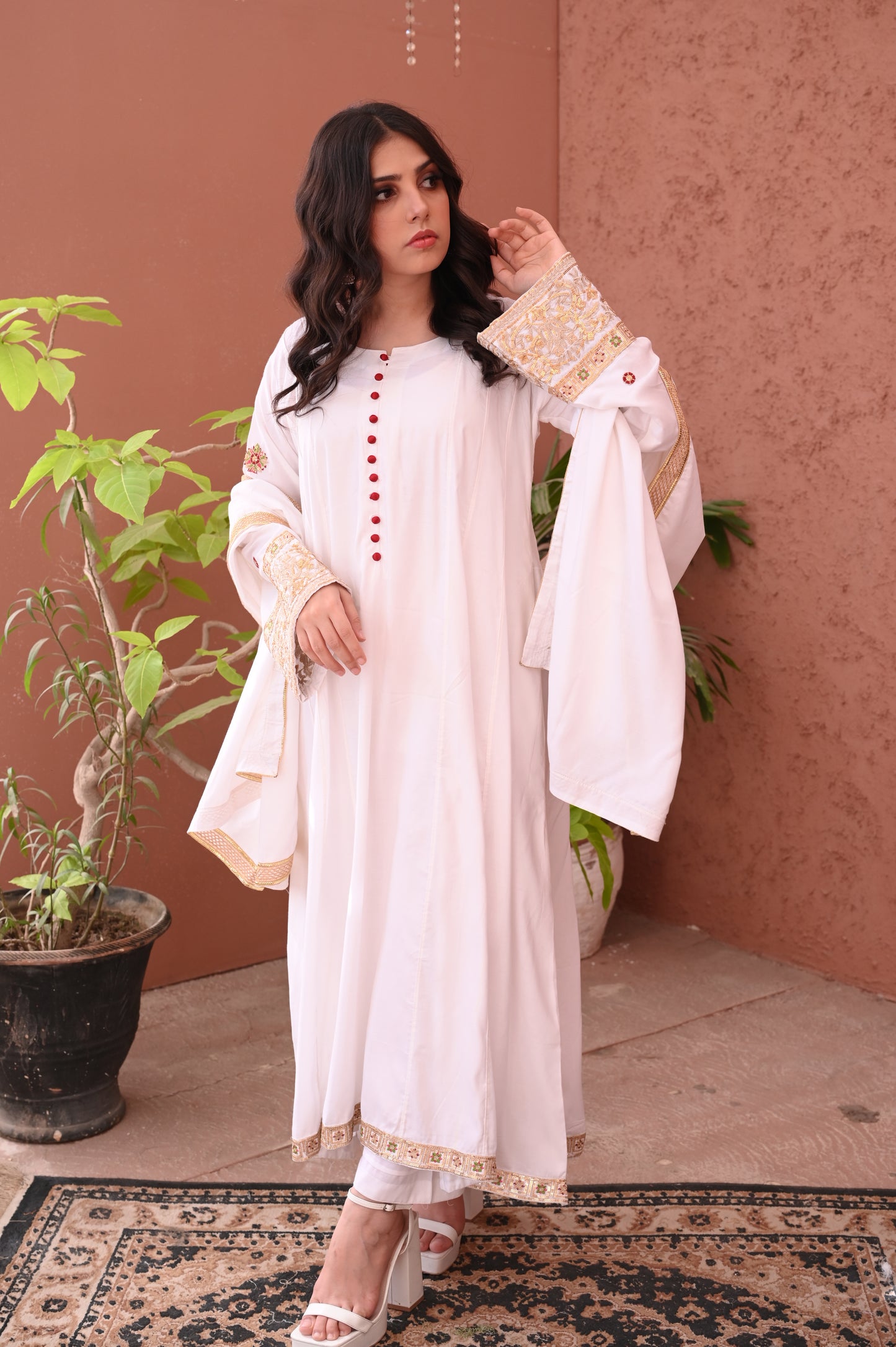 3PC White Flared Dhanak Suit with Embroidered Sleeves & Chiffon Dupatta Ready to Wear With Machine Embroidery