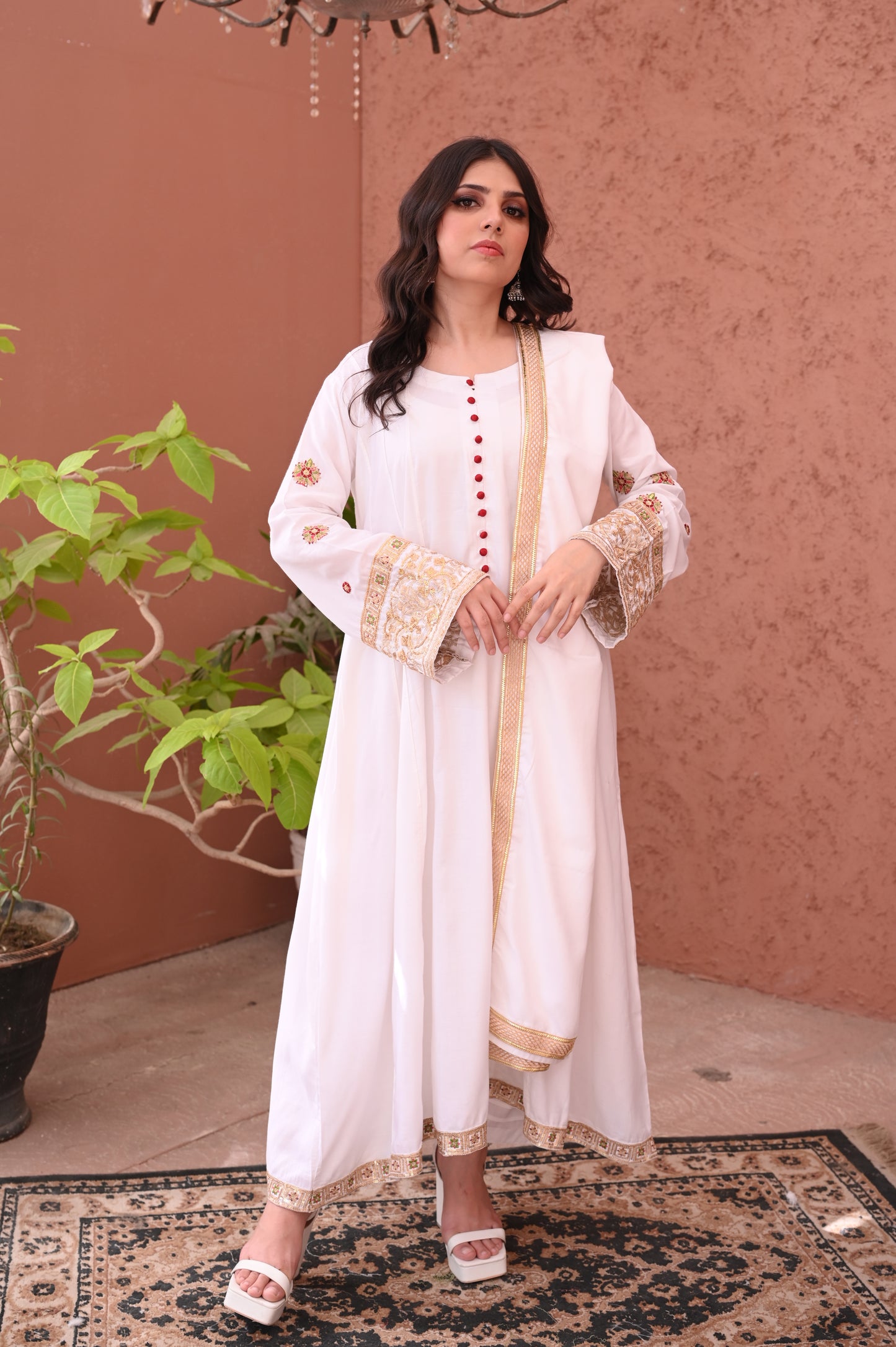 3PC White Flared Dhanak Suit with Embroidered Sleeves & Chiffon Dupatta Ready to Wear With Machine Embroidery