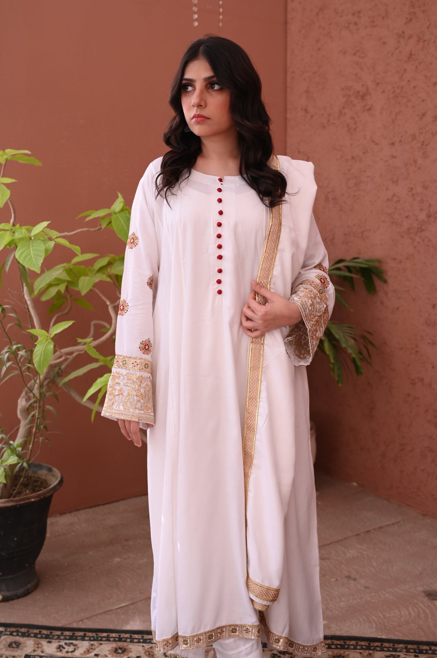3PC White Flared Dhanak Suit with Embroidered Sleeves & Chiffon Dupatta Ready to Wear With Machine Embroidery