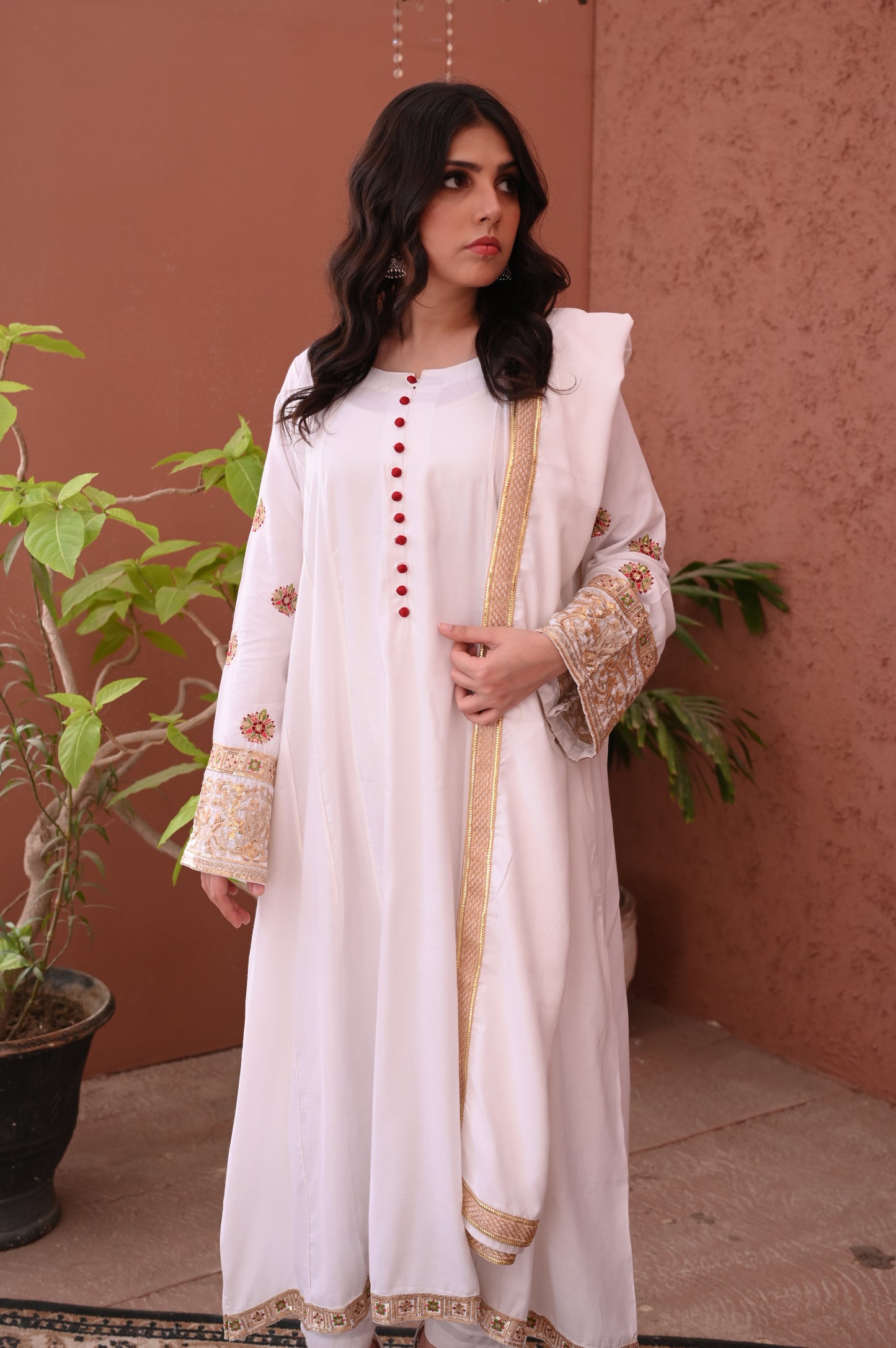 3PC White Flared Dhanak Suit with Embroidered Sleeves & Chiffon Dupatta Ready to Wear With Machine Embroidery