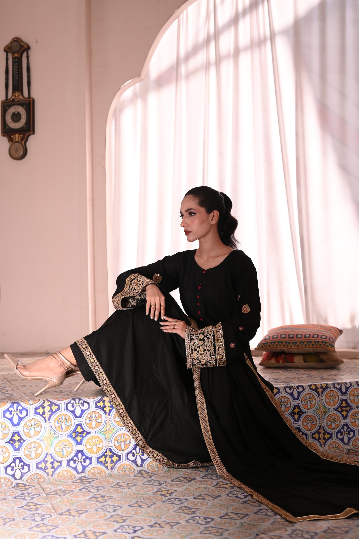 3PC Black Flared Dhanak Suit with Embroidered Sleeves & Chiffon Dupatta Ready to Wear With Machine Embroidery