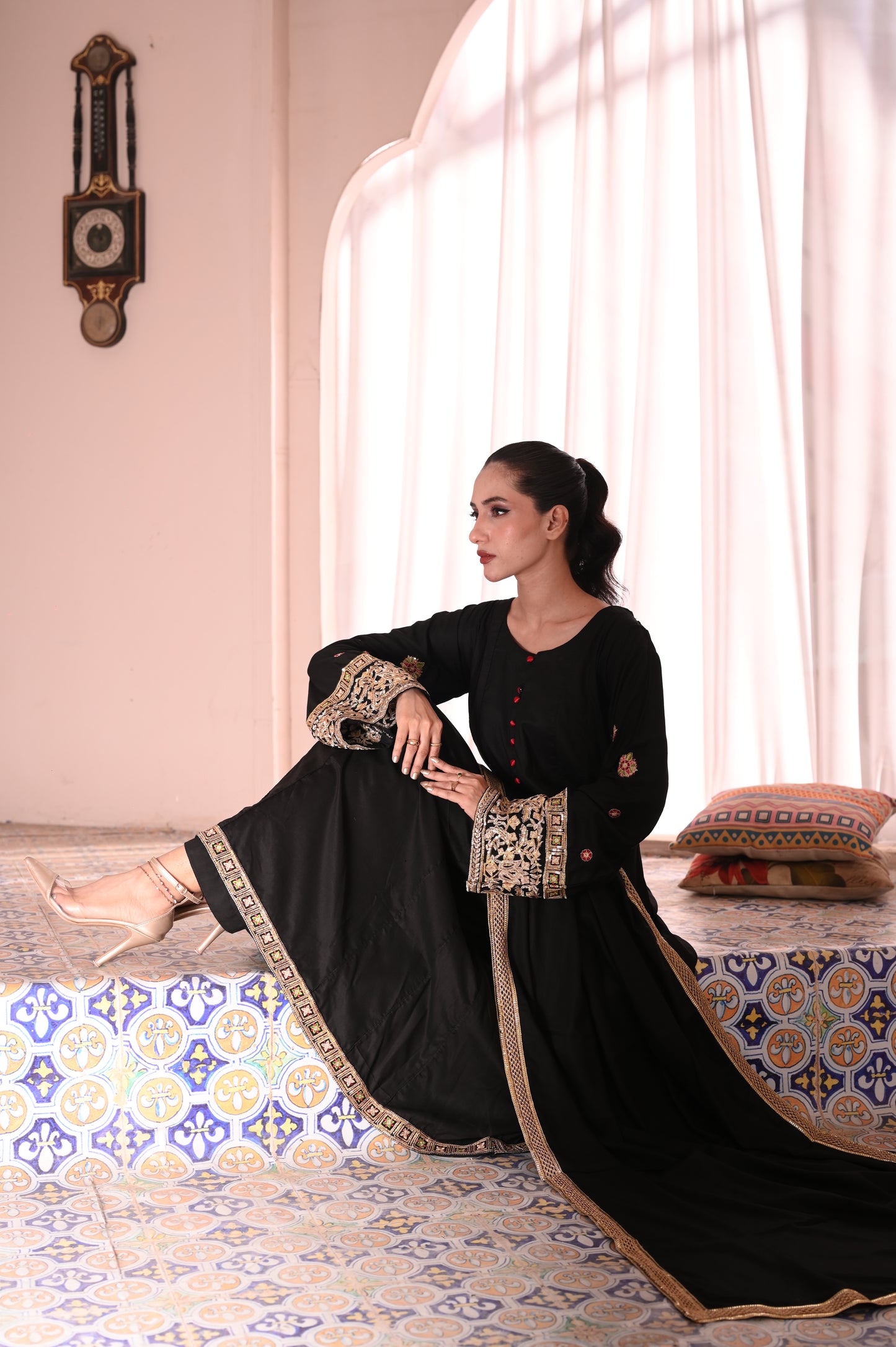 3PC Black Flared Dhanak Suit with Embroidered Sleeves & Chiffon Dupatta Ready to Wear With Machine Embroidery