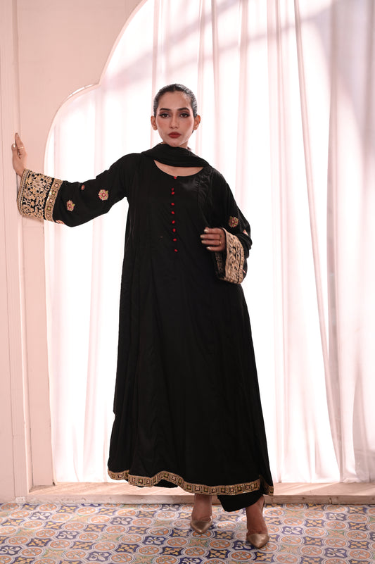 3PC Black Flared Dhanak Suit with Embroidered Sleeves & Chiffon Dupatta Ready to Wear With Machine Embroidery