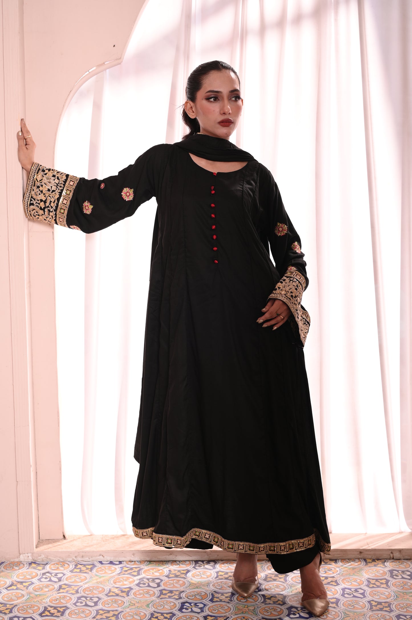 3PC Black Flared Dhanak Suit with Embroidered Sleeves & Chiffon Dupatta Ready to Wear With Machine Embroidery