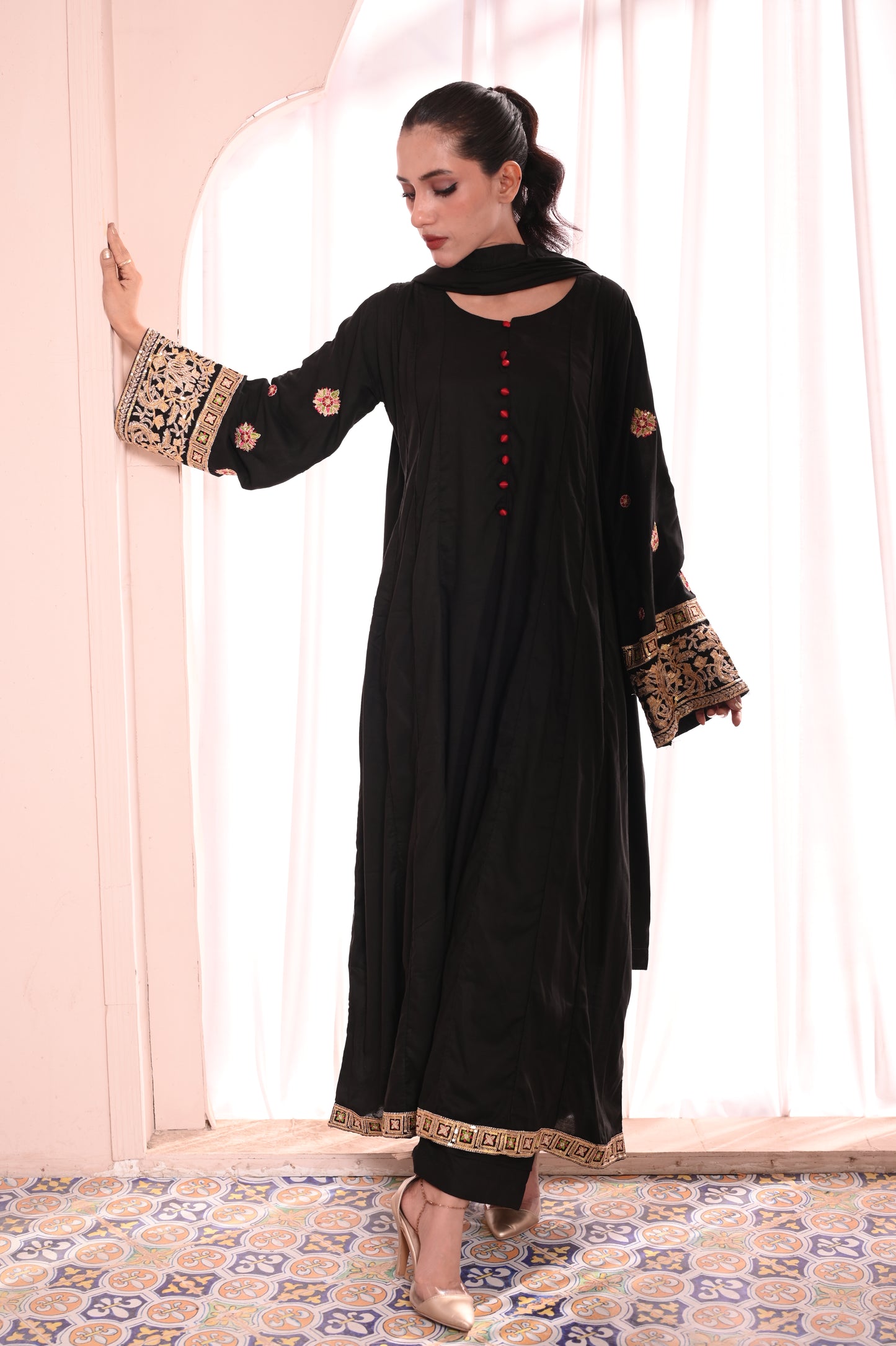 3PC Black Flared Dhanak Suit with Embroidered Sleeves & Chiffon Dupatta Ready to Wear With Machine Embroidery