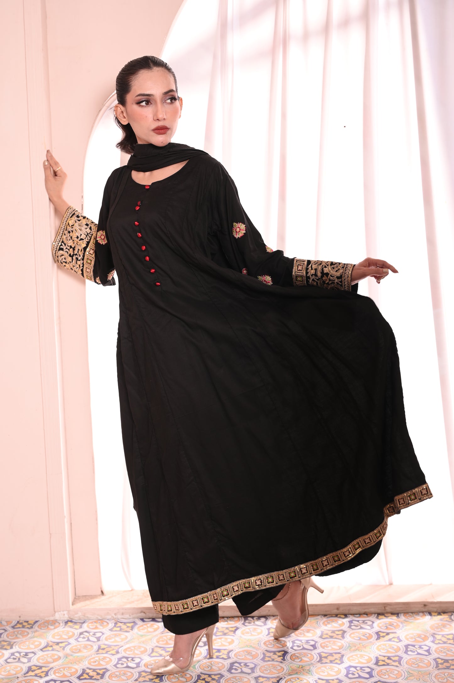 3PC Black Flared Dhanak Suit with Embroidered Sleeves & Chiffon Dupatta Ready to Wear With Machine Embroidery