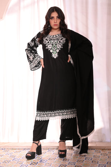 3-PC Stitched Black Suit With White Embroidered Dhanak Suit Ready to Wear With Machine Embroidery