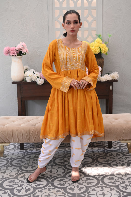 3-PC Embroidered Mustard Yellow & White Printed Lawn Dress Ready to Wear With Machine Embroidery