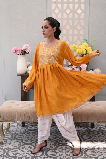 3-PC Embroidered Mustard Yellow & White Printed Lawn Dress Ready to Wear With Machine Embroidery
