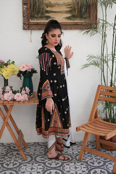 3-Piece Anarkali Set in Black – Mirror & Embroidered Work Ready to Wear With Machine Embroidery