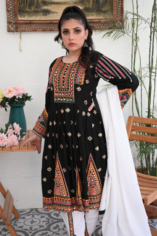 3-Piece Anarkali Set in Black – Mirror & Embroidered Work Ready to Wear With Machine Embroidery