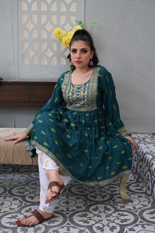 3-PC Embroidered Teal Green Dhanak Dress with White Printed Shalwar Ready to Wear With Machine Embroidery