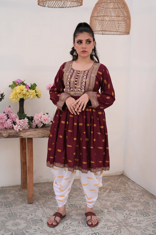 3-PC Embroidered Maroon & White Printed Dhanak Dress Ready to Wear With Machine Embroidery