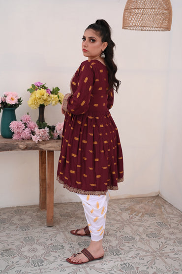 3-PC Embroidered Maroon & White Printed Dhanak Dress Ready to Wear With Machine Embroidery