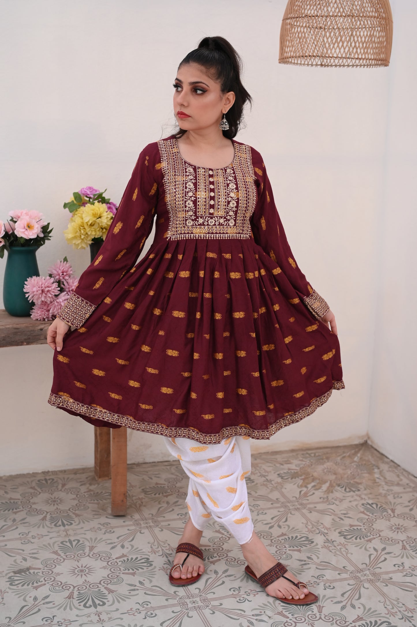 3-PC Embroidered Maroon & White Printed Dhanak Dress Ready to Wear With Machine Embroidery