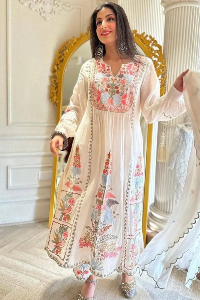 Designer Dress - 3 PC Ready To Wear Linen Suit Set With Machine Embroidery