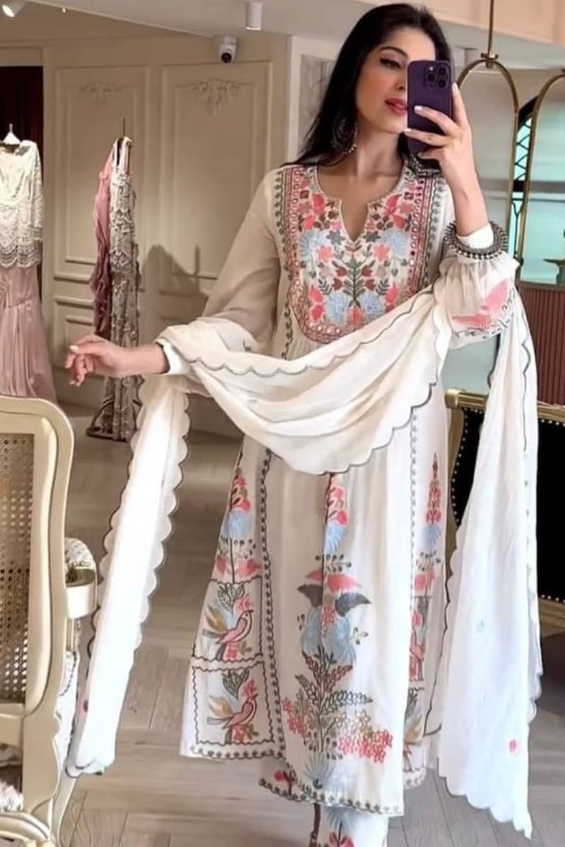 Designer Dress - 3 PC Ready To Wear Linen Suit Set With Machine Embroidery