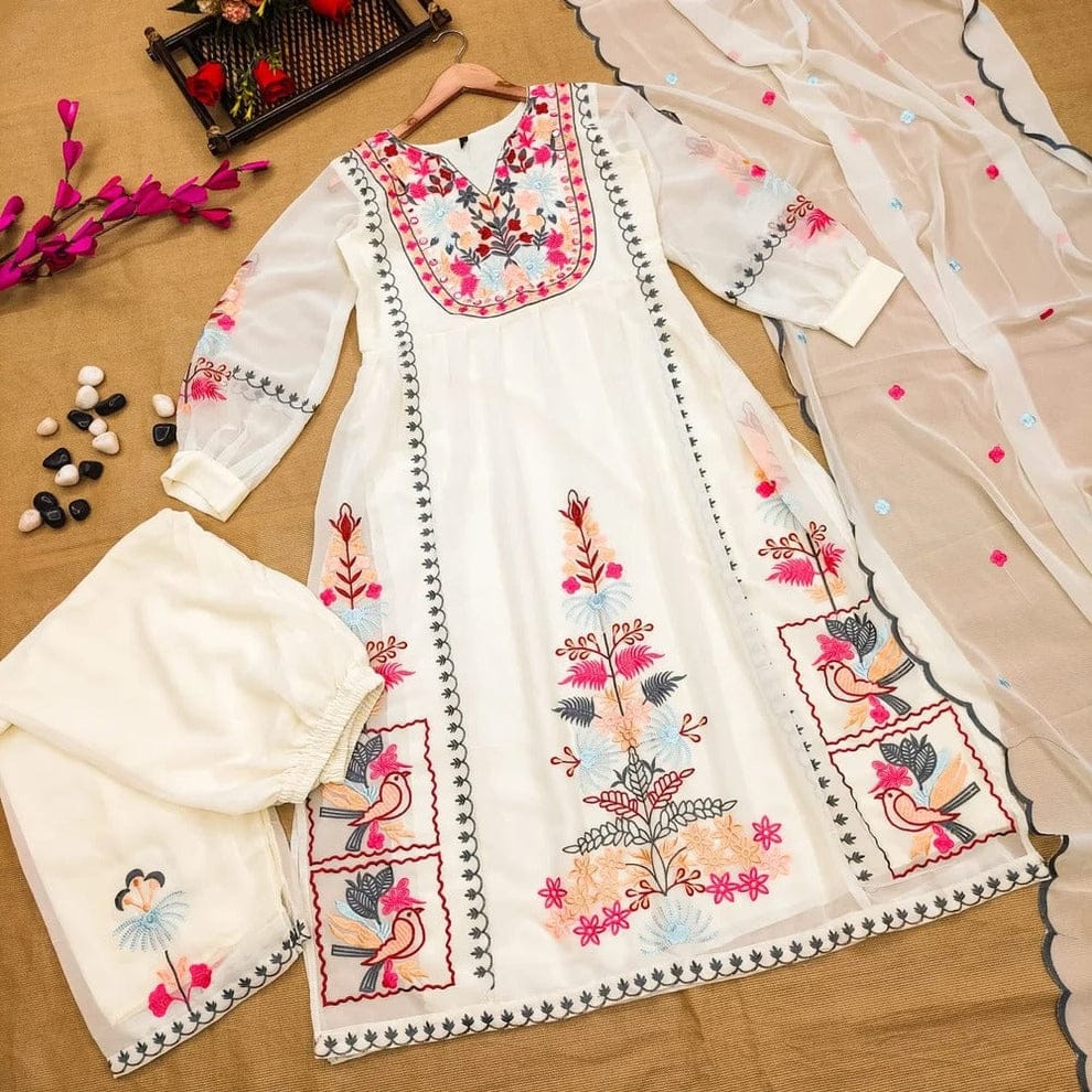 Designer Dress - 3 PC Ready To Wear Linen Suit Set With Machine Embroidery
