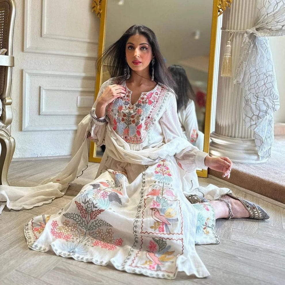 Designer Dress - 3 PC Ready To Wear Linen Suit Set With Machine Embroidery
