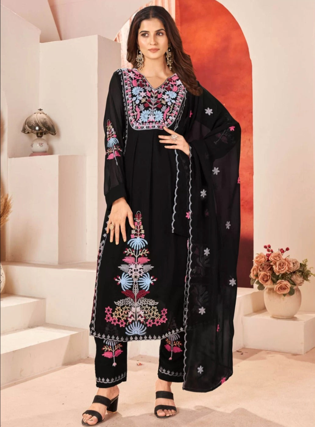 Designer Dress - 3 PC Ready To Wear Linen Suit Set With Machine Embroidery