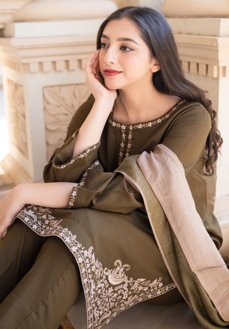 3-Piece Stitched Dhanak Suit with Embroidered Detailing Ready to Wear With Machine Embroidery