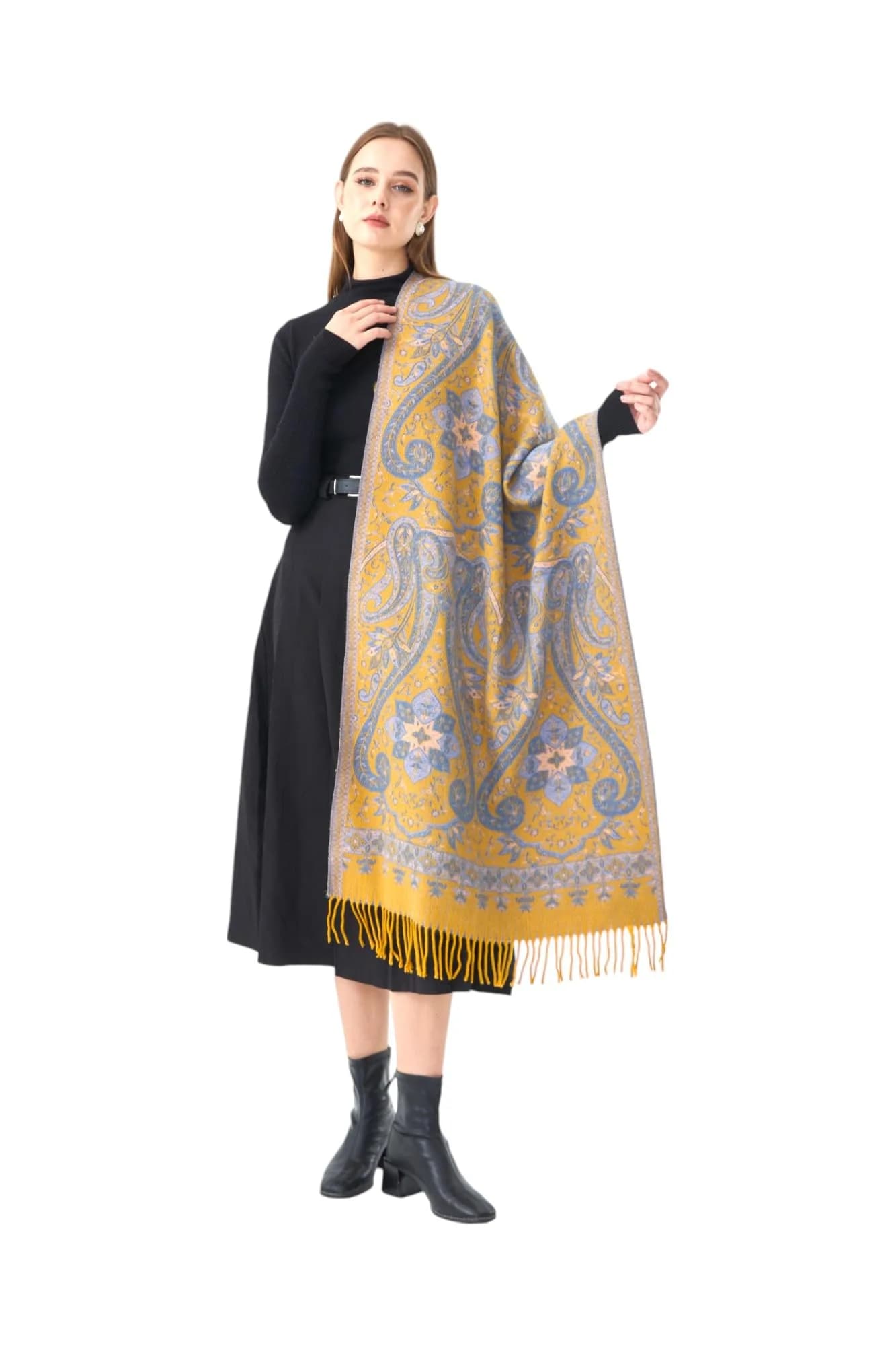 Reversible Floral Pashmina Scarf – Yellow – cashmere