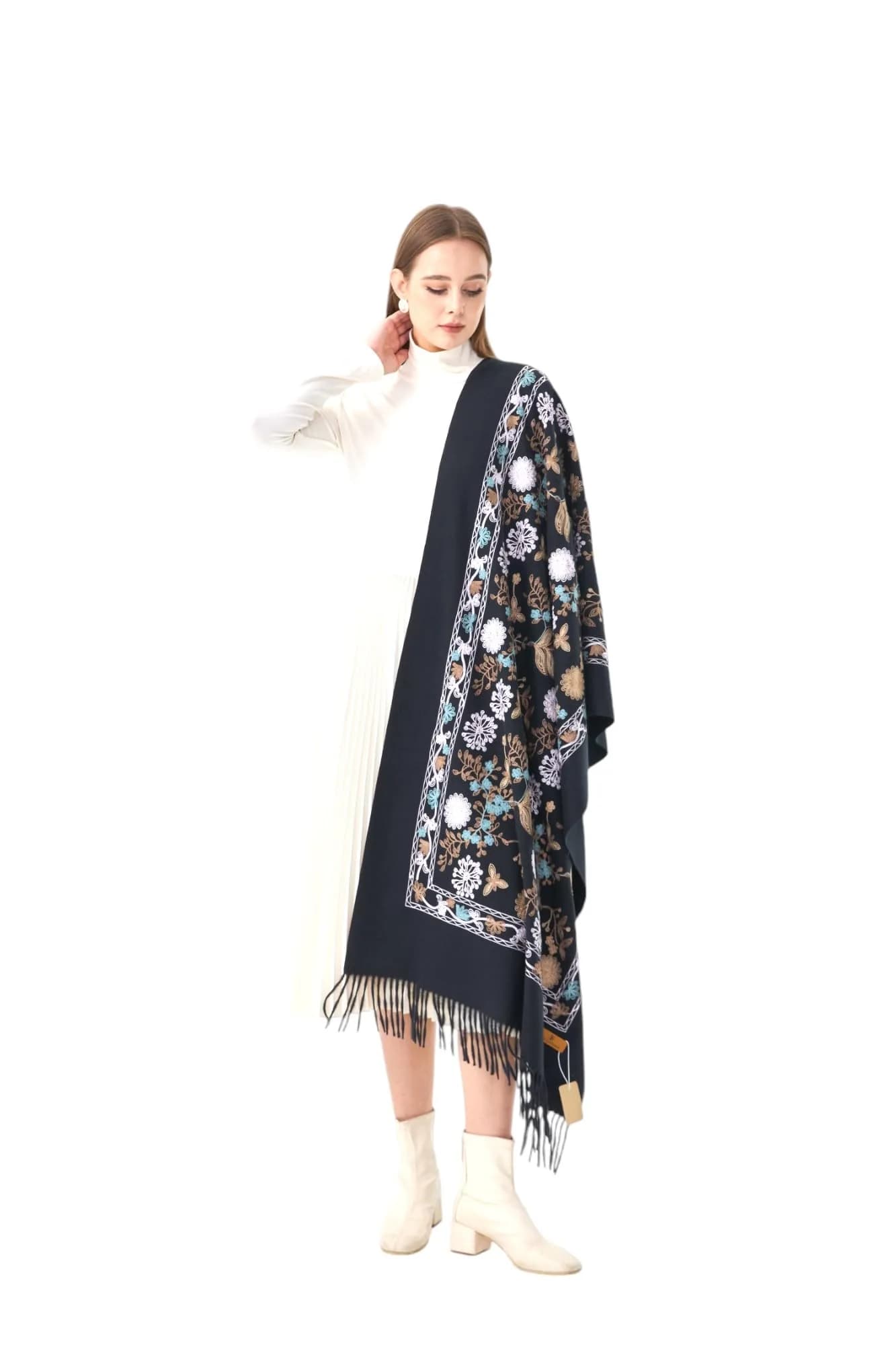 Hand-Stitched Kashmiri Paisley Pashmina Shawl – Black – cashmere