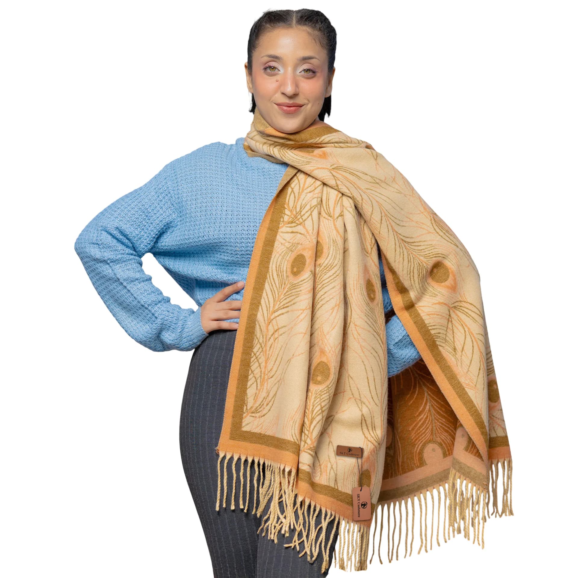 Feather Weave Pashmina Shawl – Beige Brown – cashmere