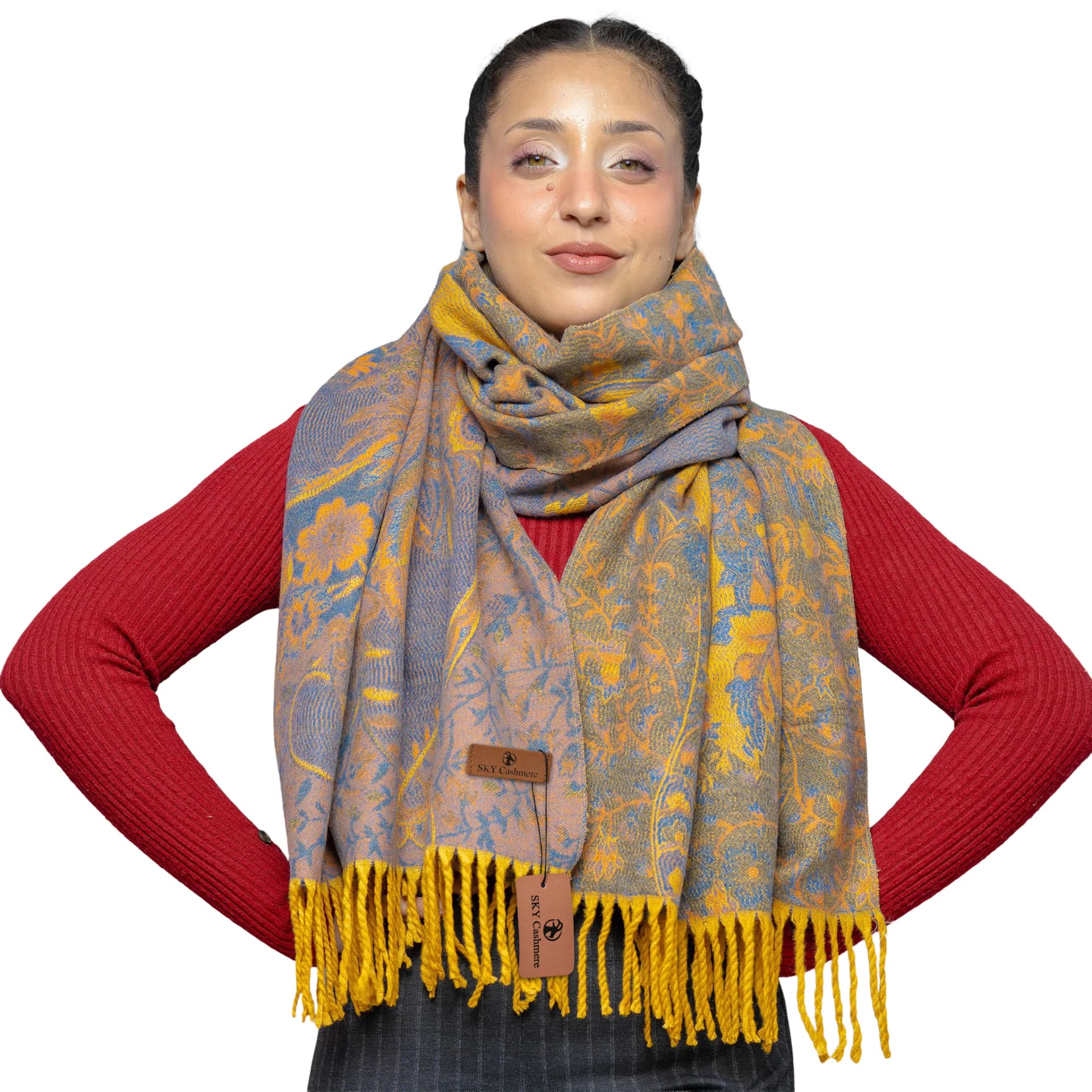 Floral Jacquard Pashmina Shawl – muted blue-gray – cashmere