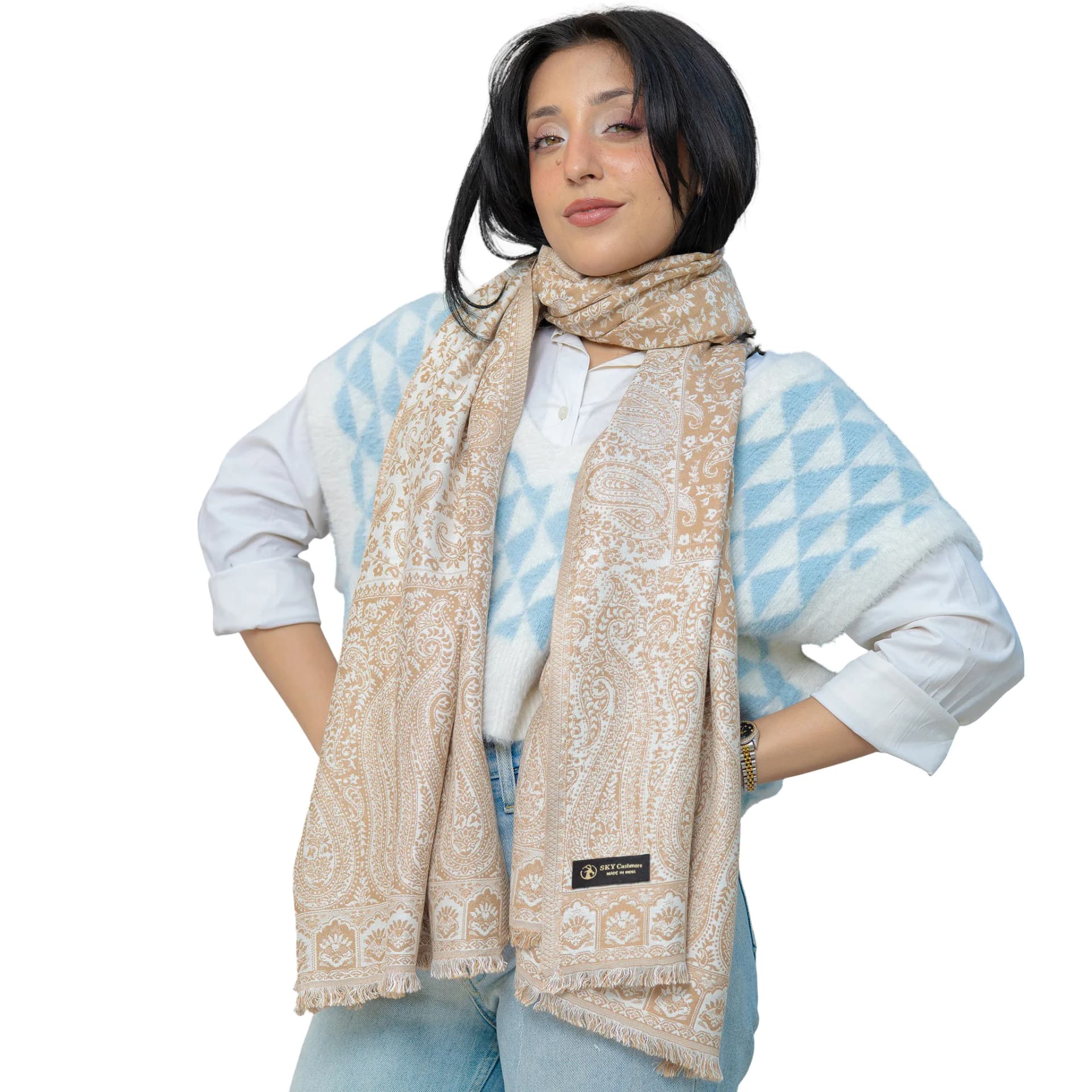 Intricate Woven Cashmere Shawl – Sand