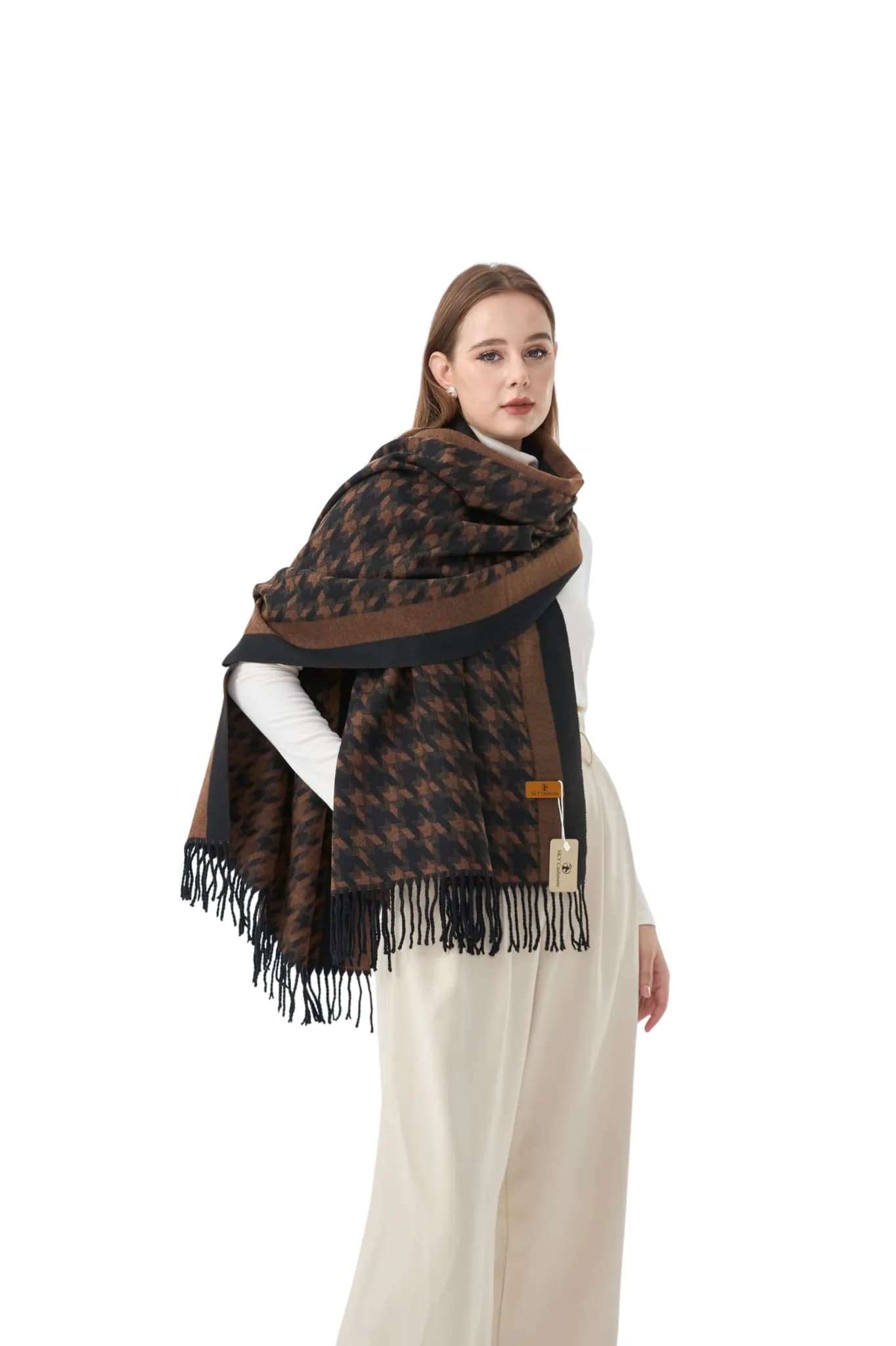 Two-Tone Houndstooth Cashmere Wrap – Dark Brown